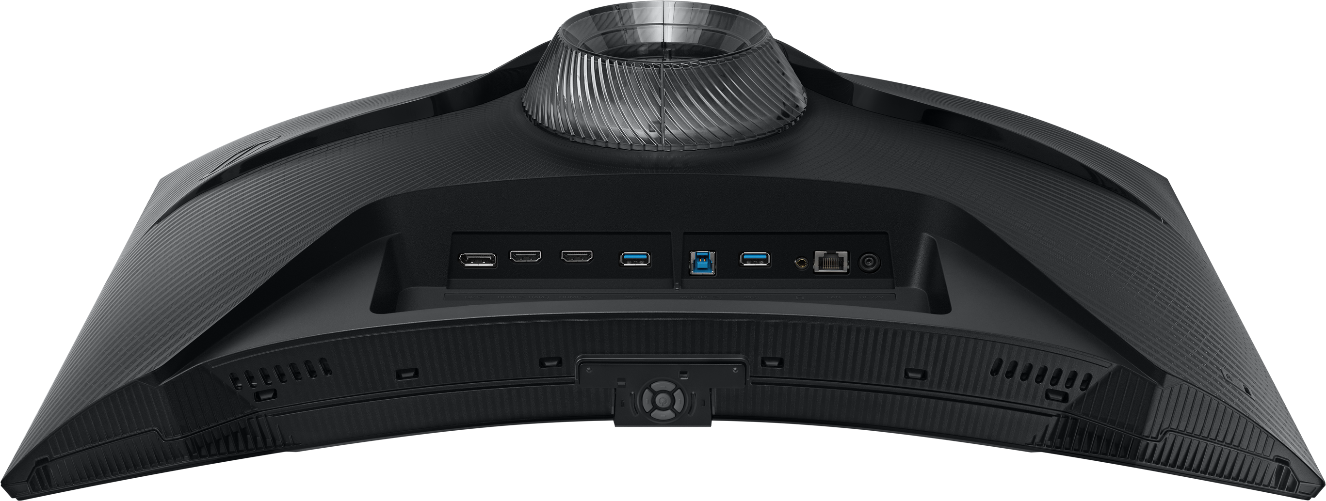 Vue arrière d'un moniteur incurvé avec plusieurs ports. Affiche les connexions USB, HDMI et d'alimentation.