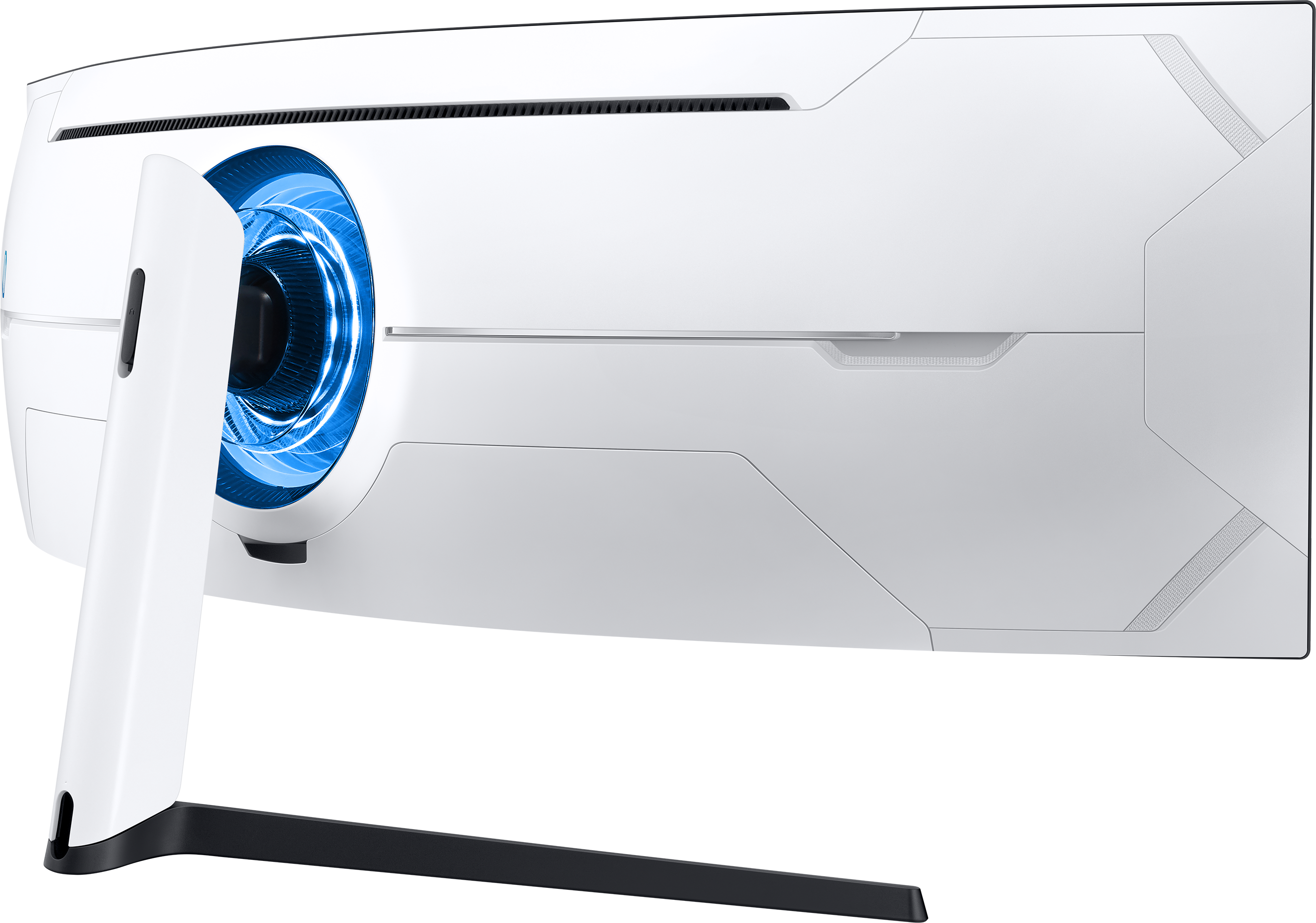 Vue arrière d'un moniteur de jeu blanc avec design incurvé et lumière bleue.
