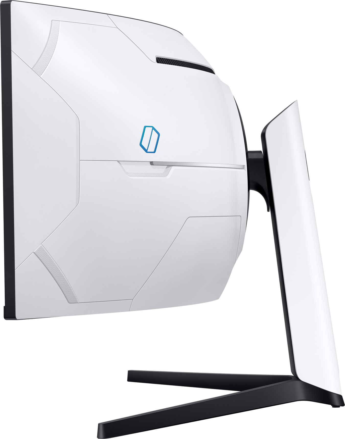 Moniteur de jeu blanc avec un design arrière unique. Le moniteur est sur un support noir.