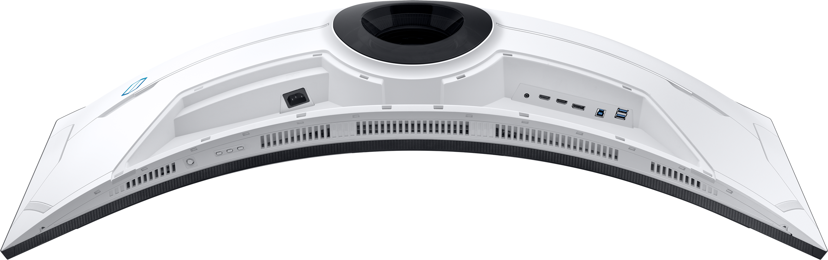 Dos de moniteur blanc incurvé avec divers ports.