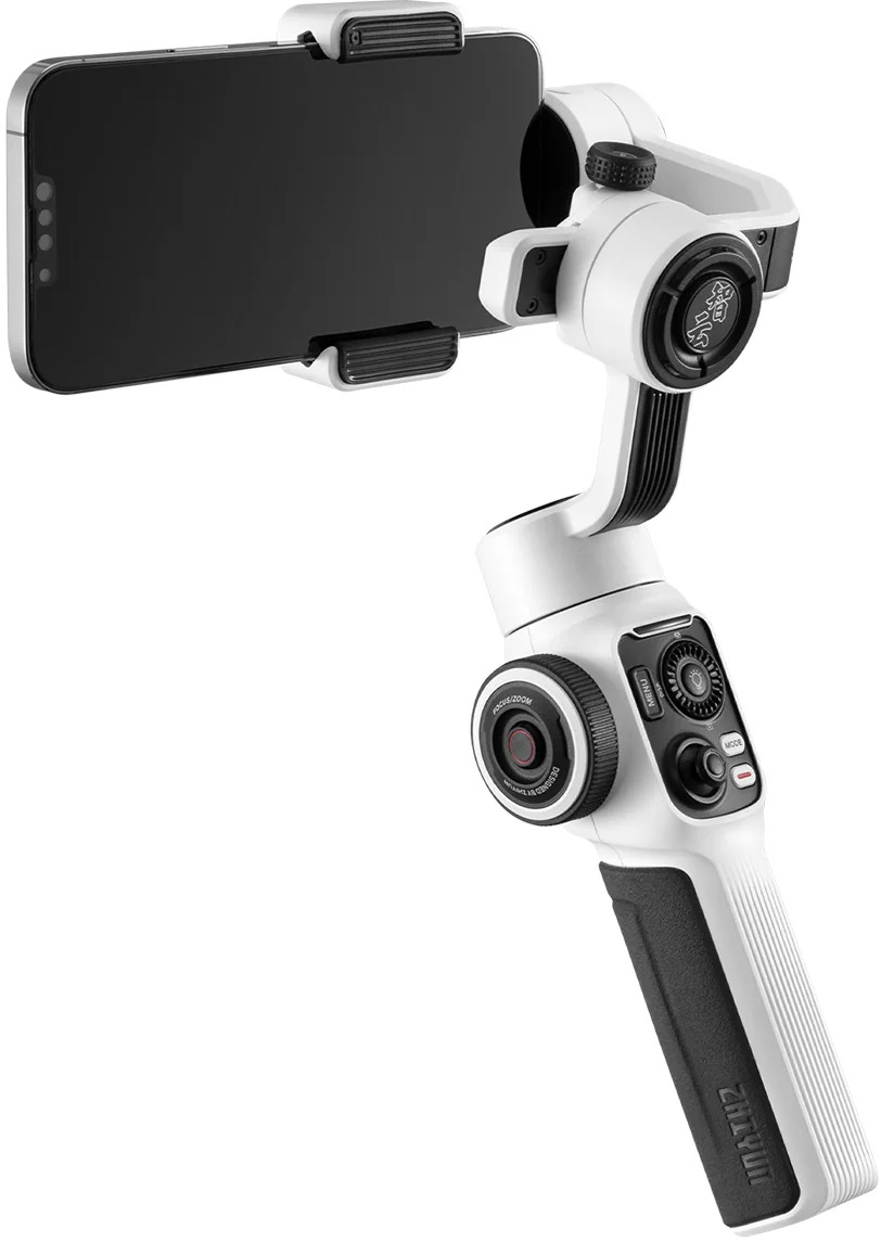 Stabilisateur de téléphone blanc et noir avec un téléphone attaché.