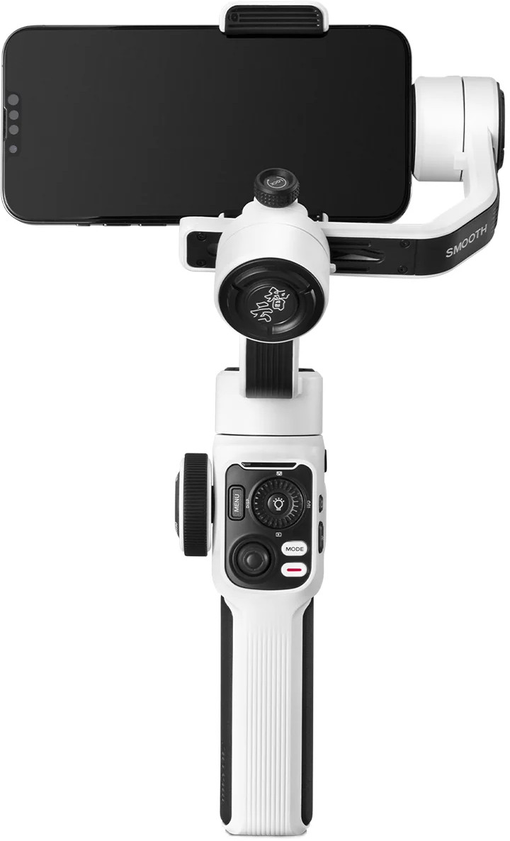 Stabilisateur de téléphone blanc et noir avec téléphone attaché. Fond blanc.