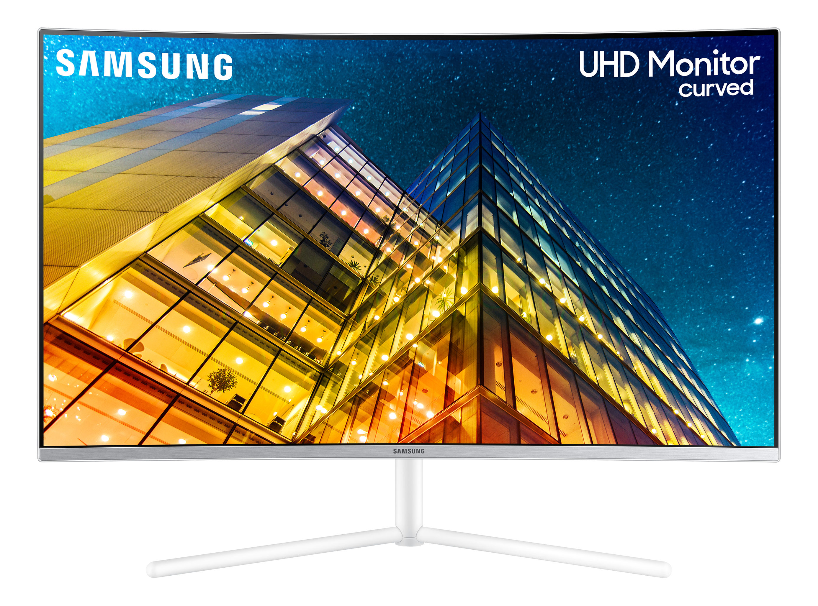 Ein gebogener Samsung UHD-Monitor, der eine Stadtlandschaft bei Nacht anzeigt. Der Monitor hat einen weißen Ständer und Rahmen.