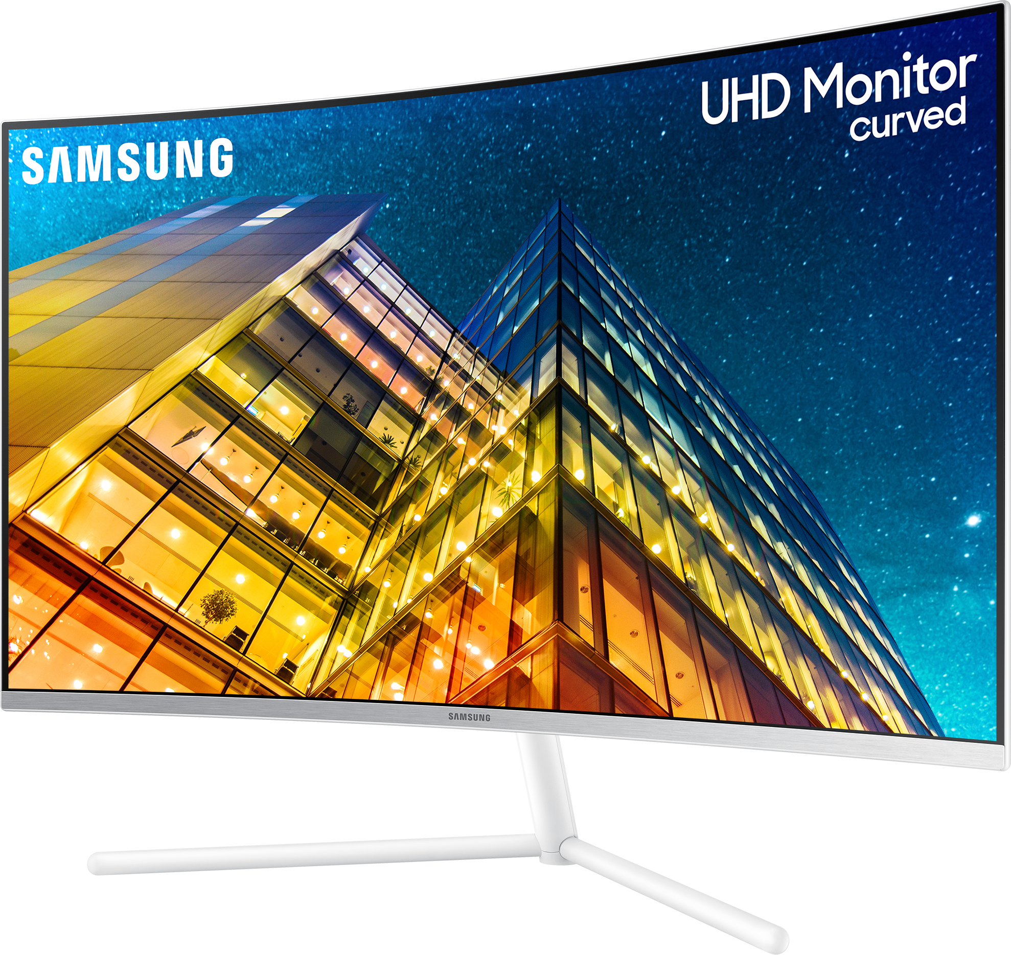 Ein gebogener UHD-Monitor, der eine Stadtlandschaft bei Nacht zeigt.
