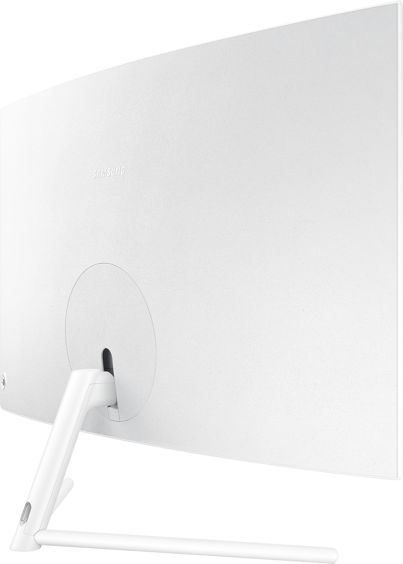 Weißer, gebogener Computermonitor. Rückansicht, mit Samsung-Logo und Ständer.