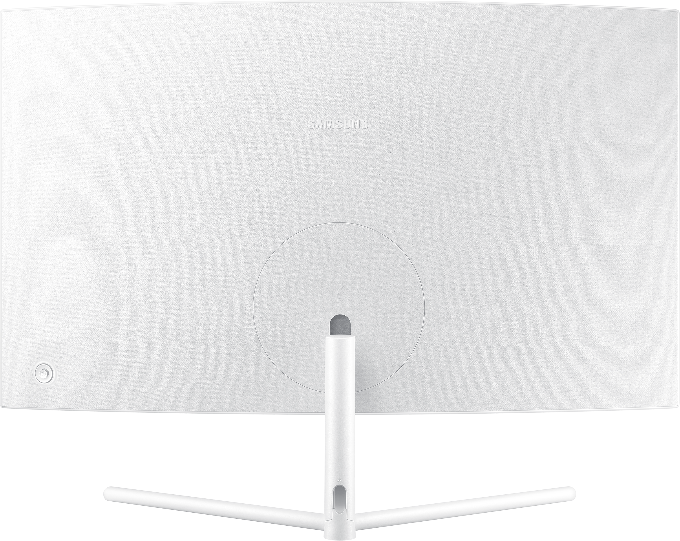 Rückansicht eines weißen Samsung-Monitors mit Ständer und kreisförmigem Design.