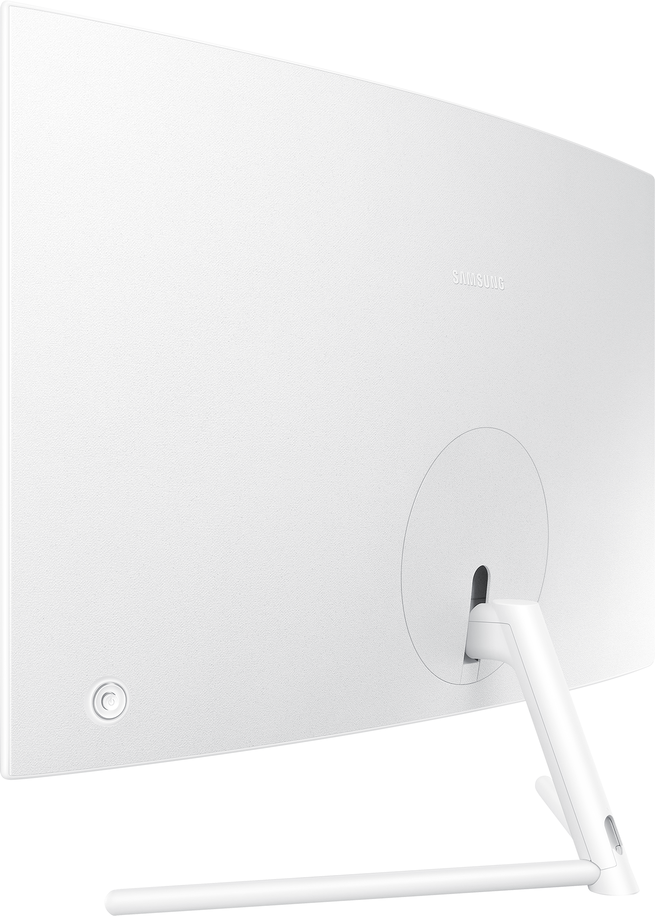 Die Rückseite eines geschwungenen weißen Computermonitors, mit Ständer und Samsung-Logo.