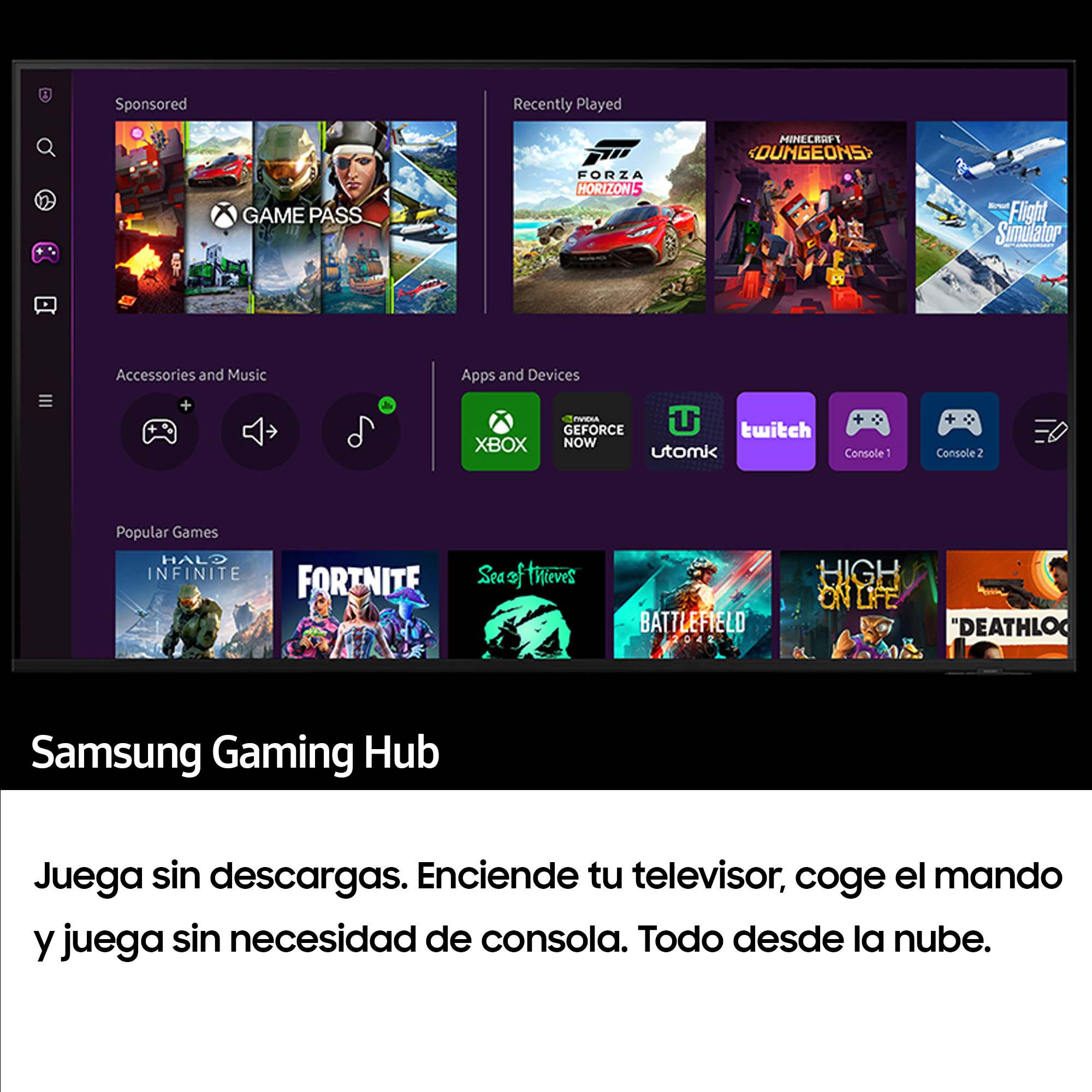 Una pantalla de Samsung Gaming Hub que muestra miniaturas de juegos. Texto en español debajo de la pantalla.