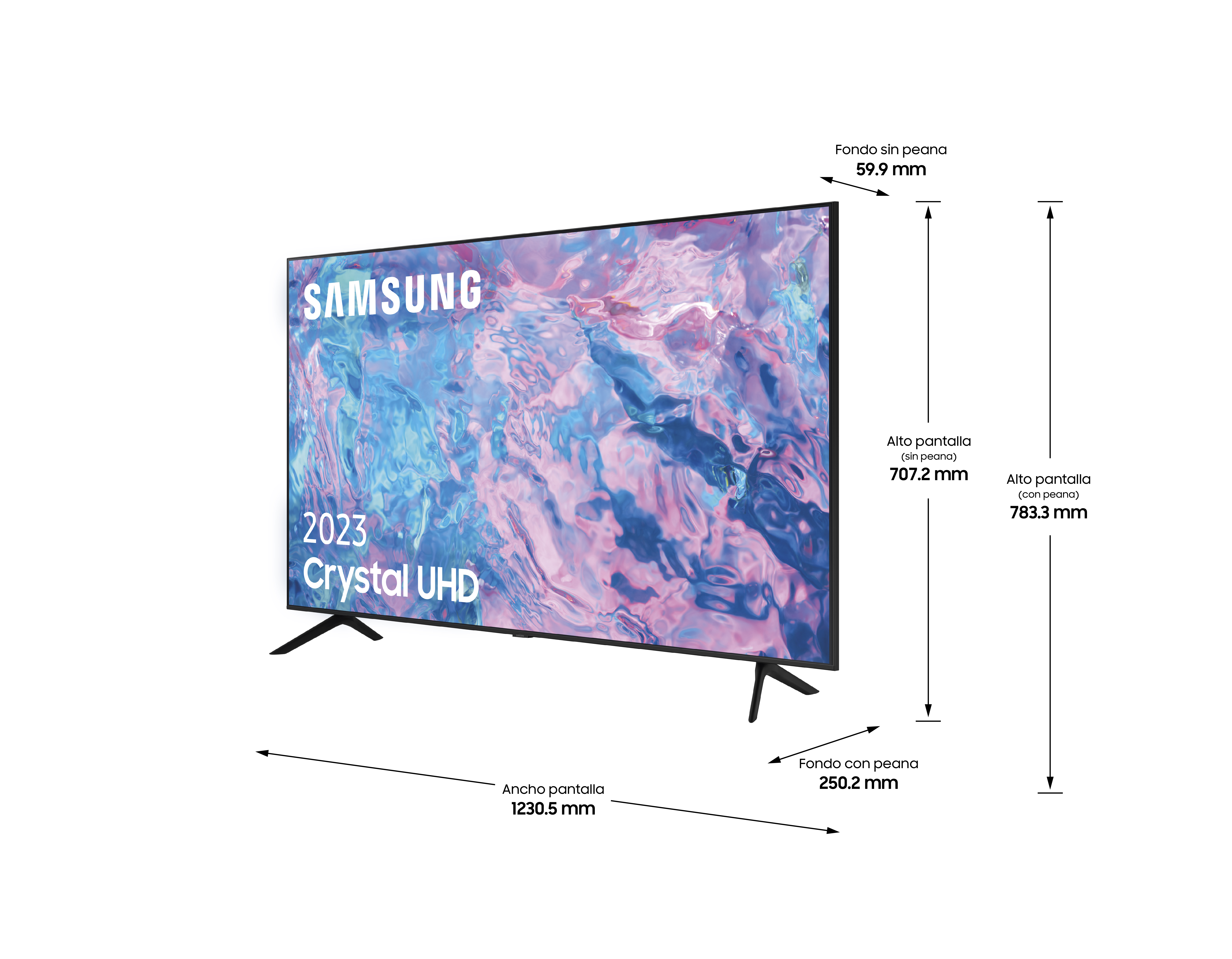 Un televisor Samsung muestra dimensiones. Es negro con una pantalla que muestra una imagen colorida.