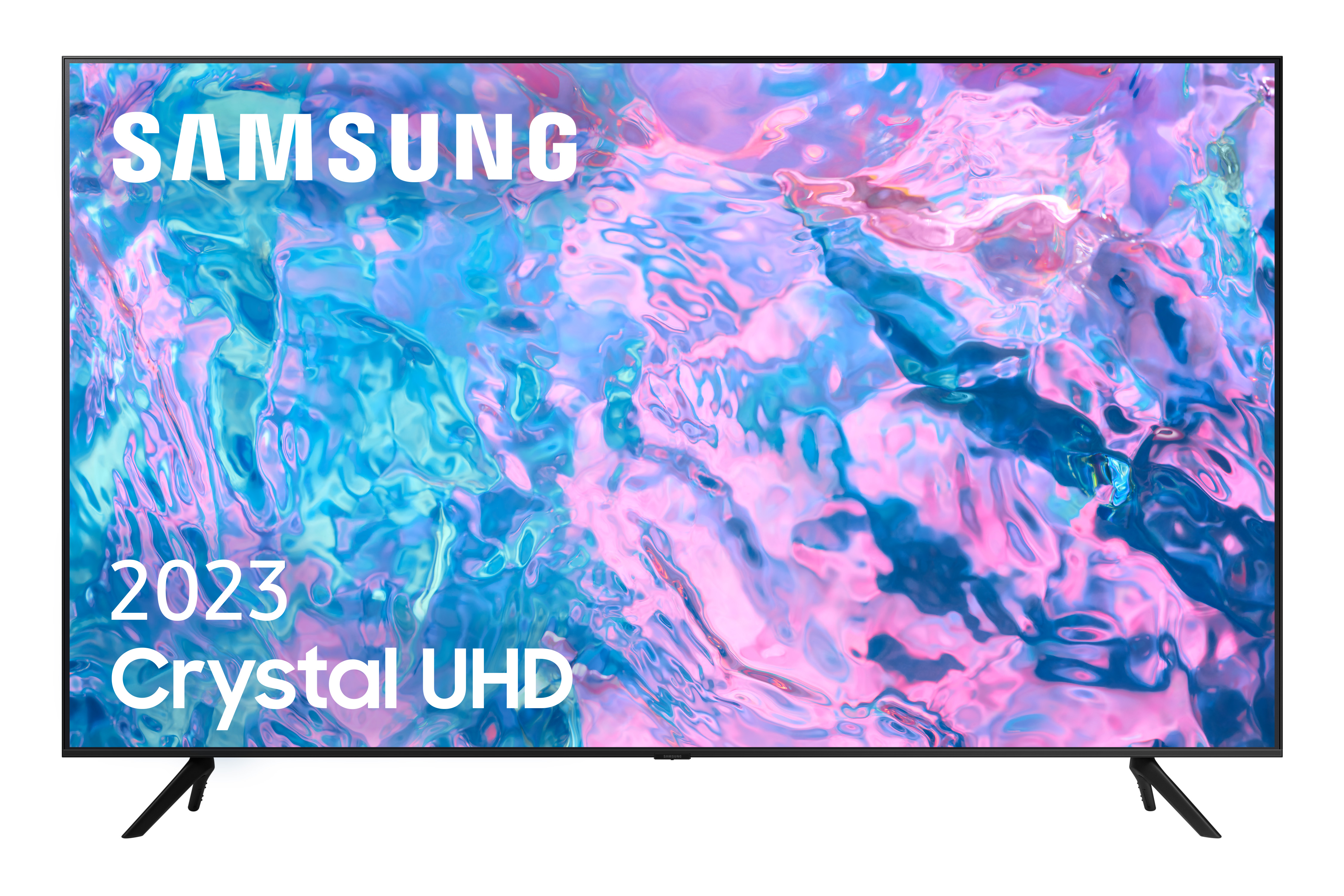Se muestra un televisor Samsung 2023 Crystal UHD, con una pantalla que muestra un patrón abstracto colorido.
