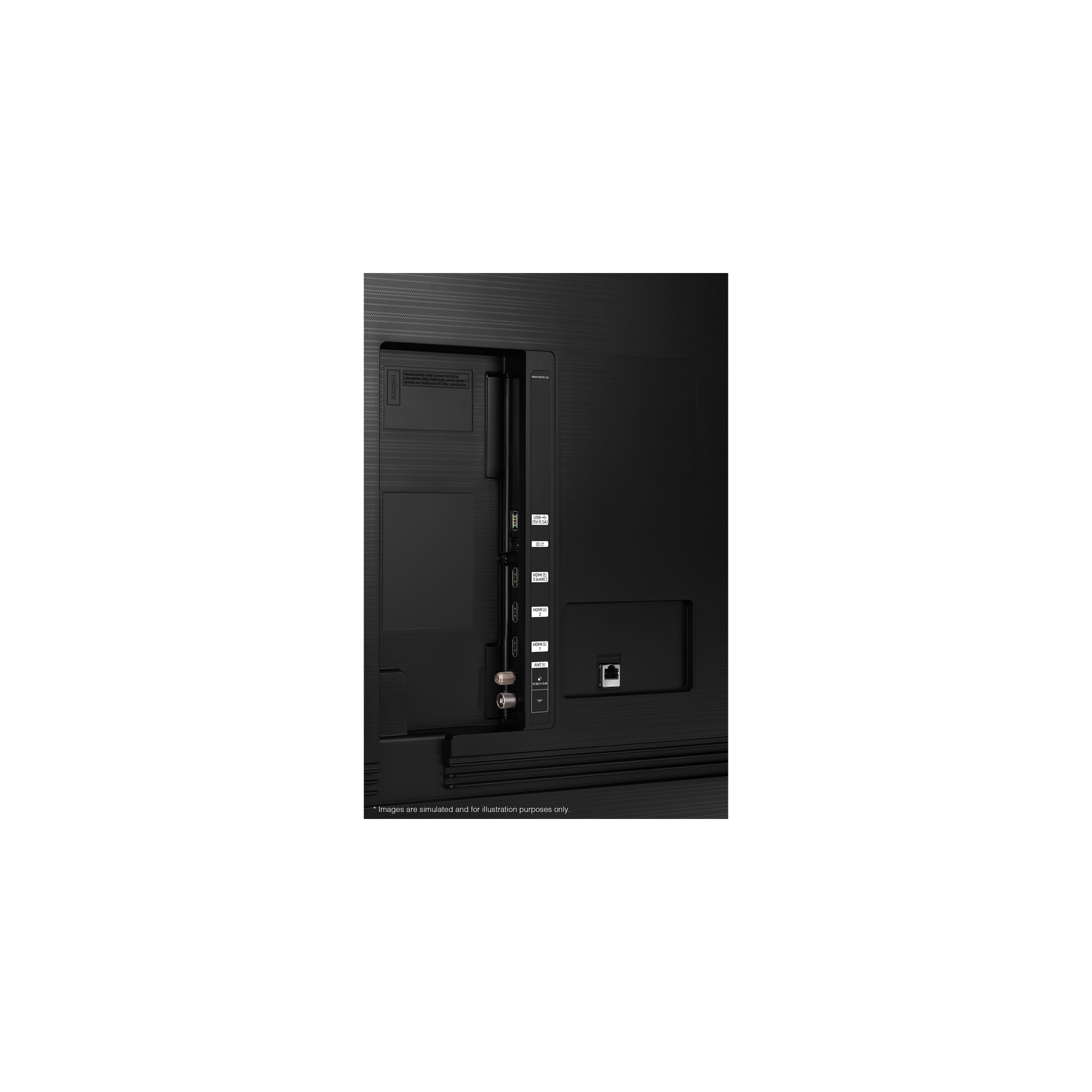 Panel trasero de un televisor con puertos, incluyendo HDMI, y entrada de alimentación.