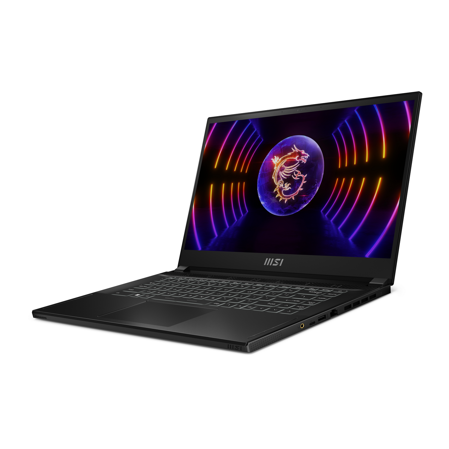 Portátil negro con pantalla iluminada que muestra un logo de dragón colorido.