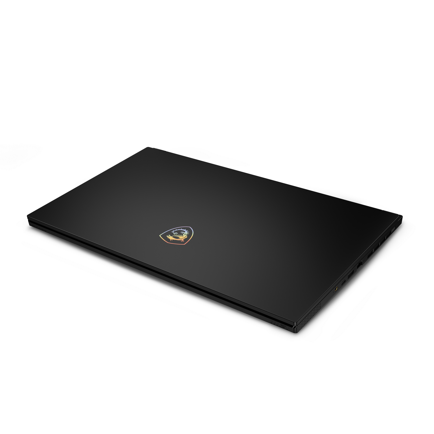 Laptop negro desde arriba, cerrado. Un logotipo está centrado en la tapa.
