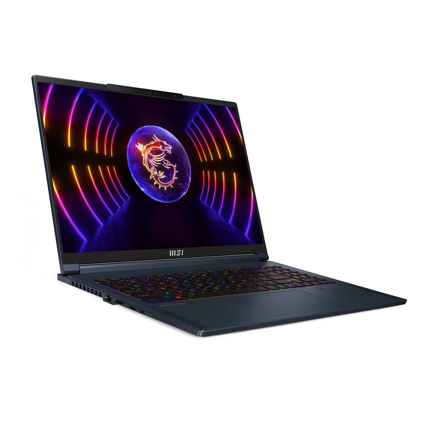 Un portátil MSI con pantalla y teclado coloridos, inclinado sobre una superficie blanca.
