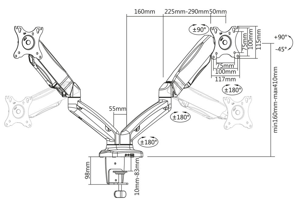 Monitor kar diagramja, állíthatósági mérésekkel és méretekkel.