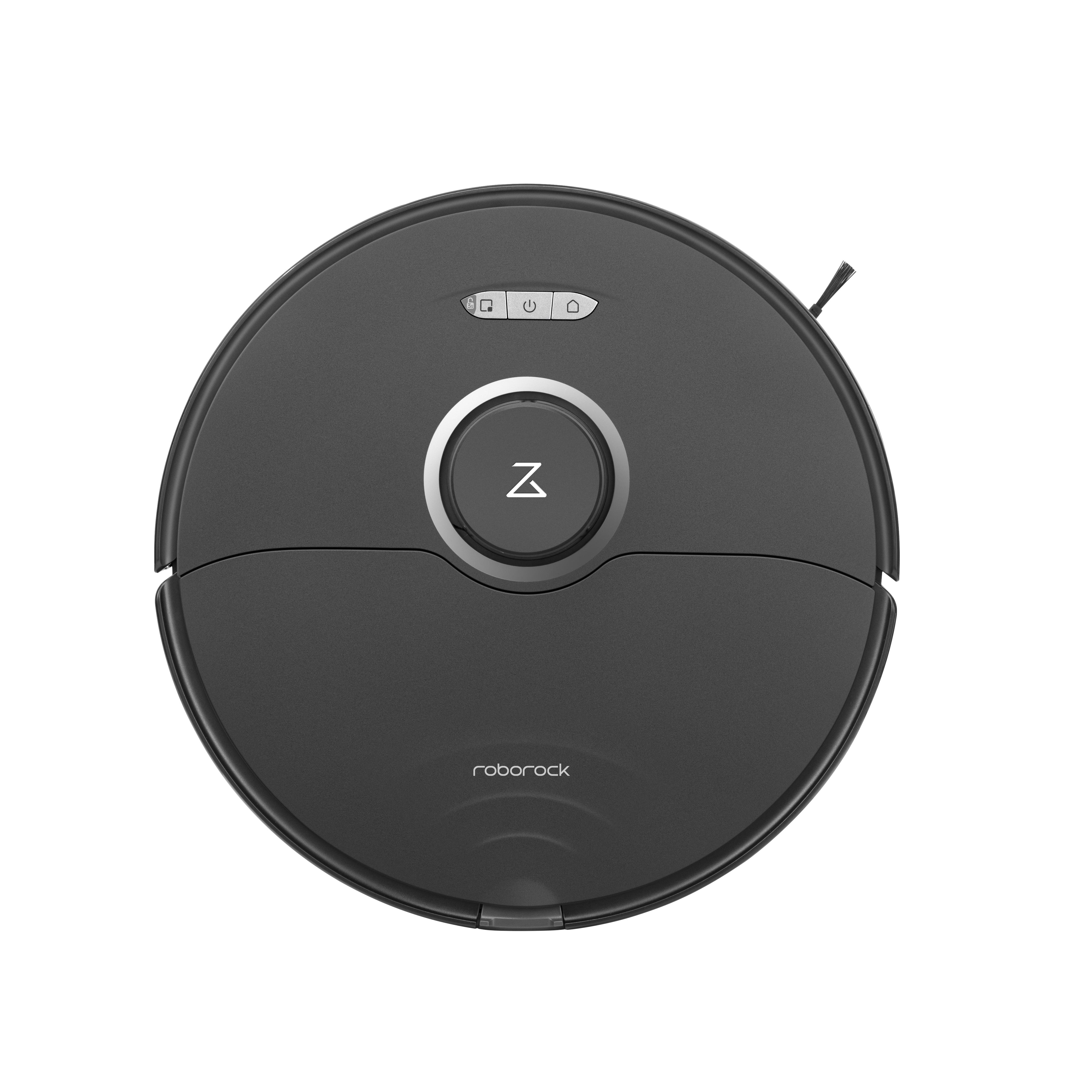 Ein schwarzer, runder Roboter-Staubsauger mit kreisförmigem Design und dem Roborock-Logo oben.