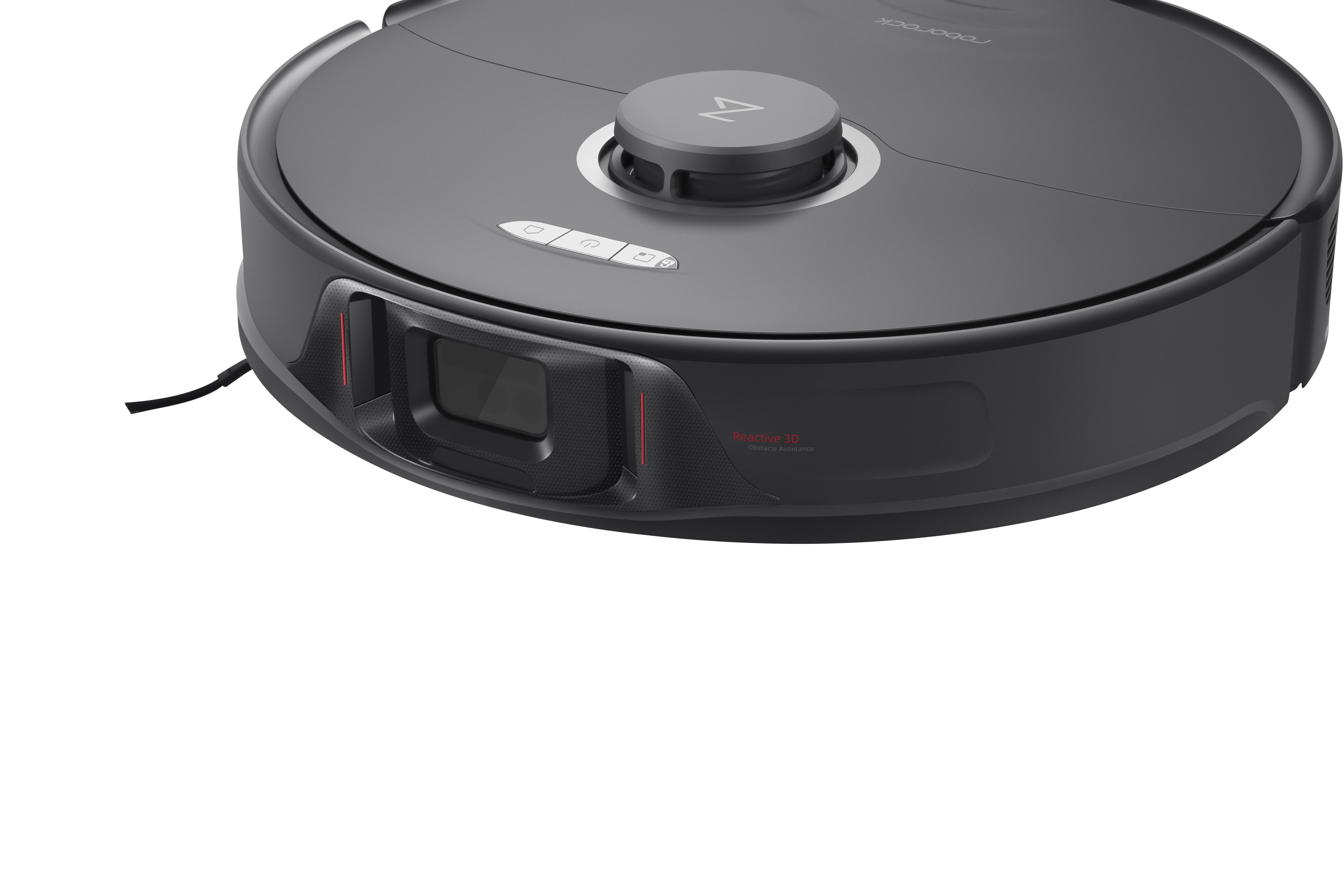 Roboter-Staubsauger, dunkelgrau, Draufsicht. Hat einen Sensor und Knöpfe.