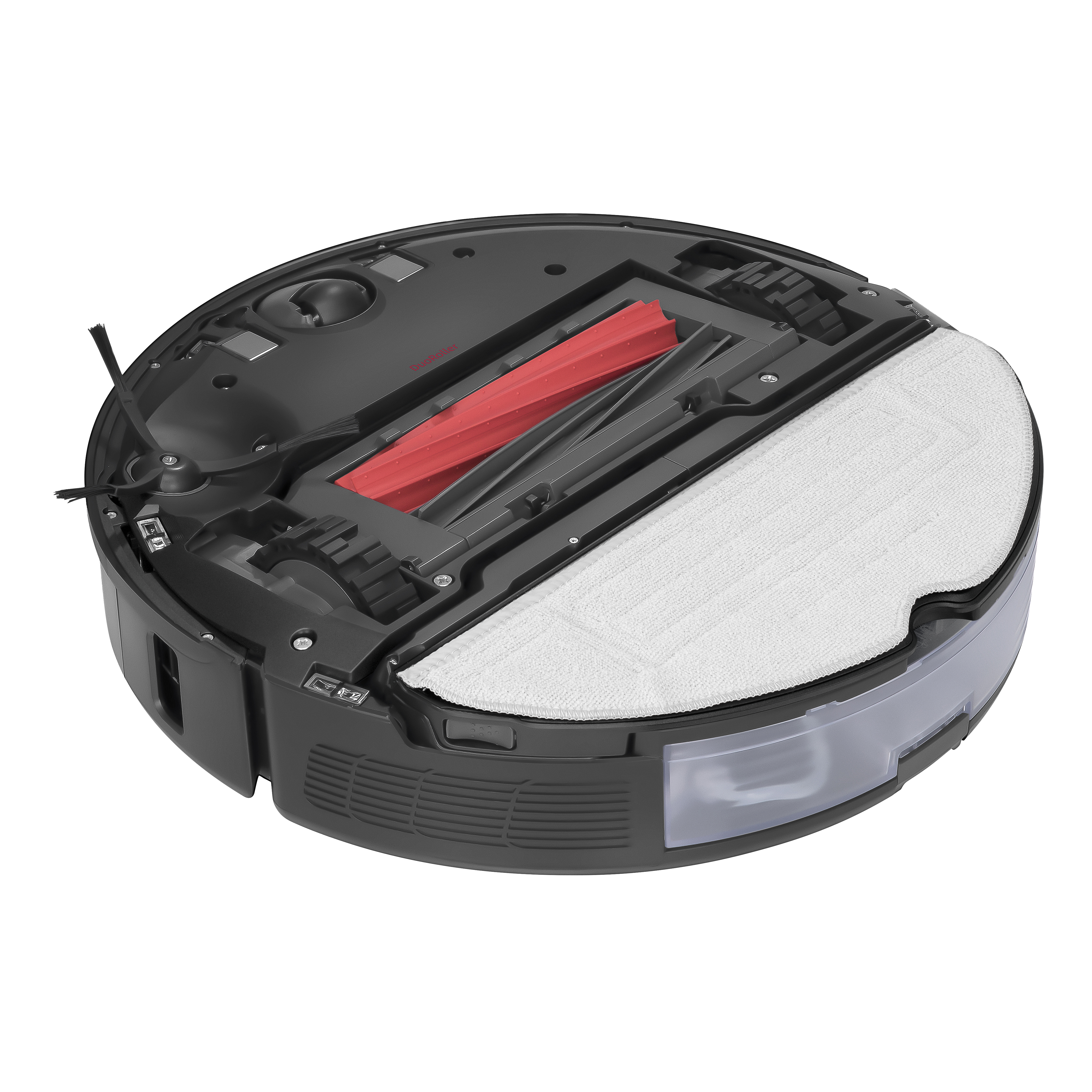 Ein schwarzer Roboter-Staubsauger. Er hat eine rote Bürste und ein weißes Reinigungspad.