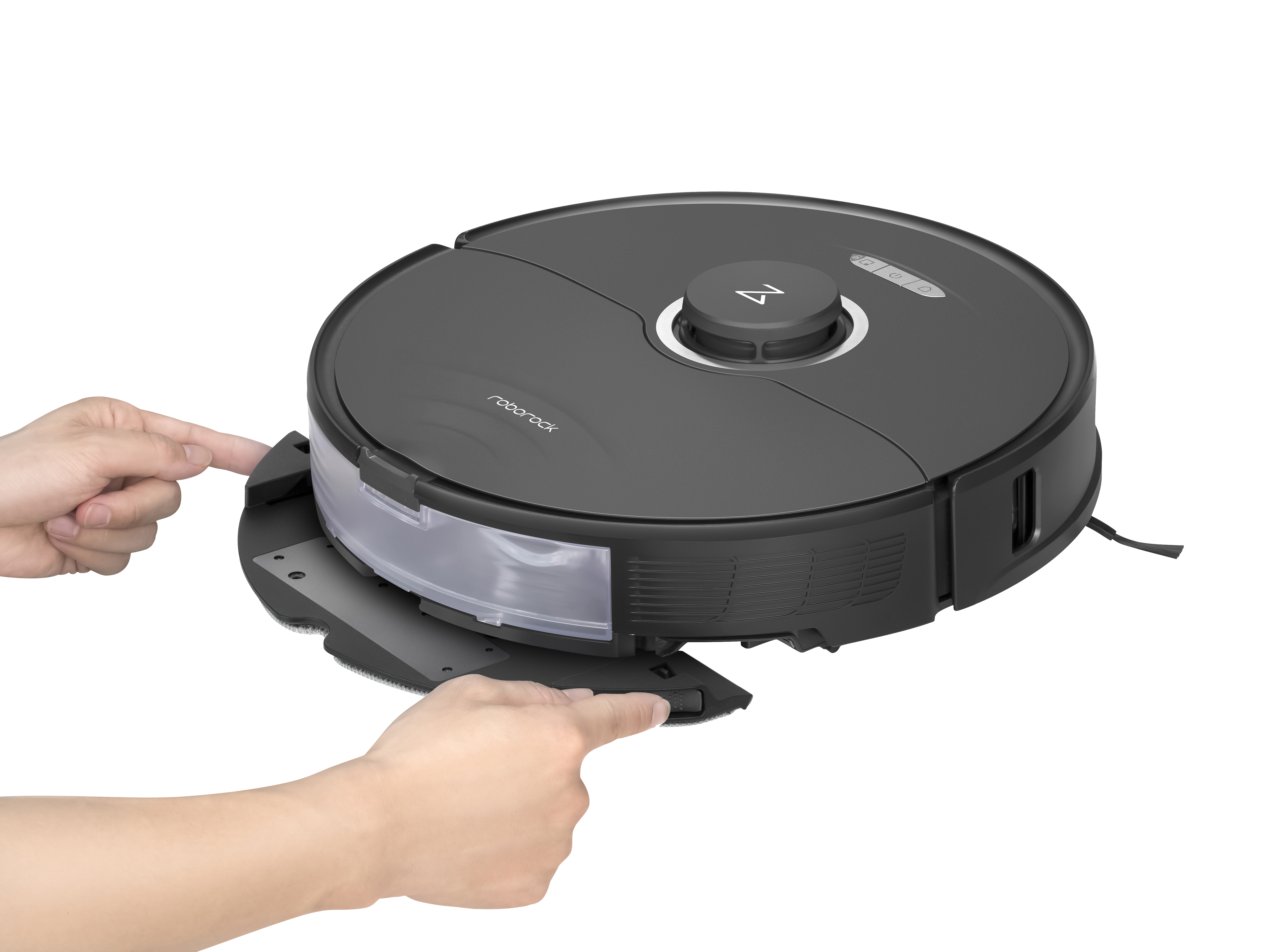 Roboter-Staubsauger, schwarz. Hände zeigen auf den Staubbehälter.