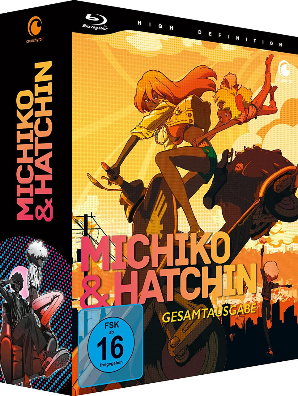 Blu-ray-Disc-Cover für eine Anime-Serie. Enthält bunte Charaktere mit Stadtkulisse im Hintergrund.