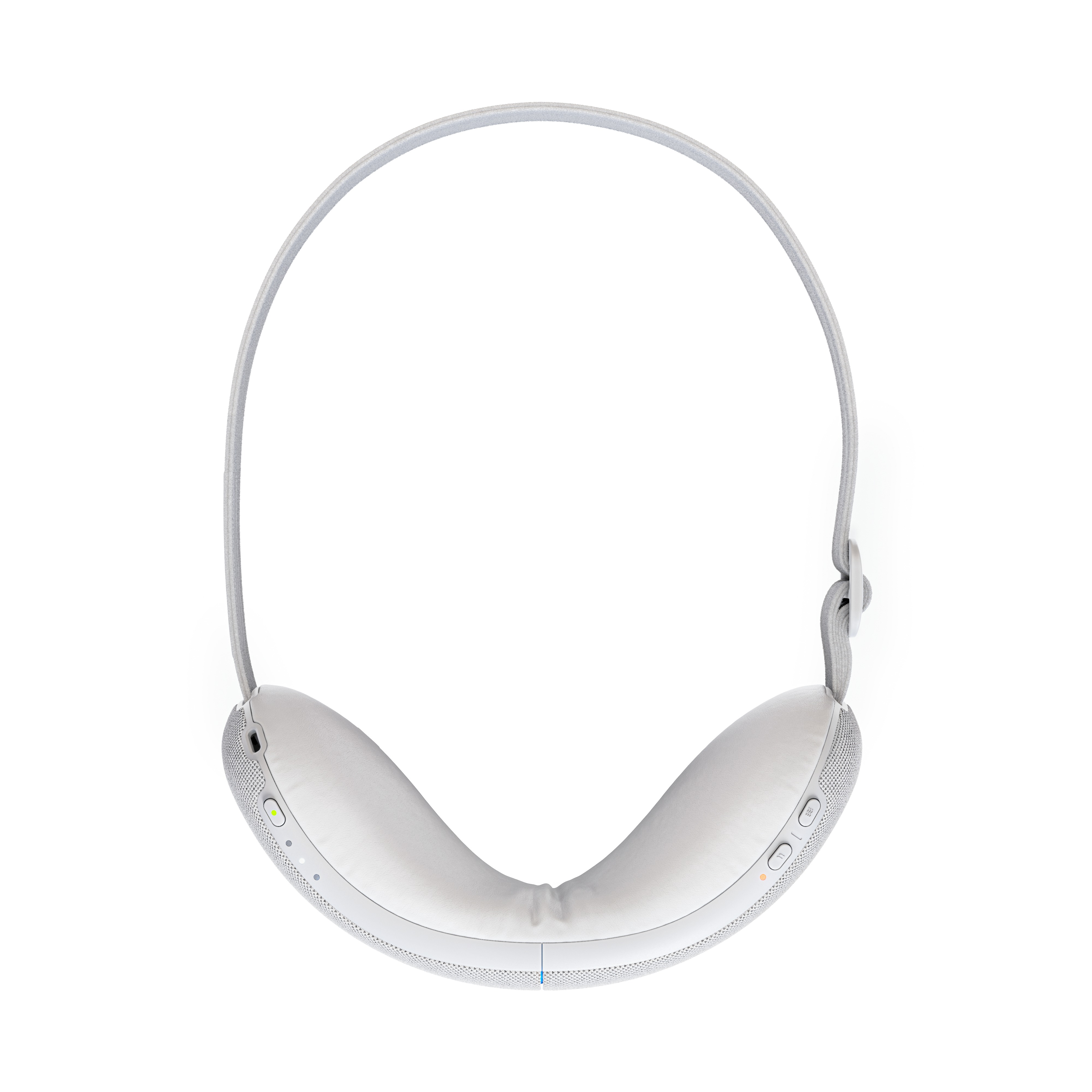 Graues Headset mit Nackenband-Design, weißer Hintergrund.