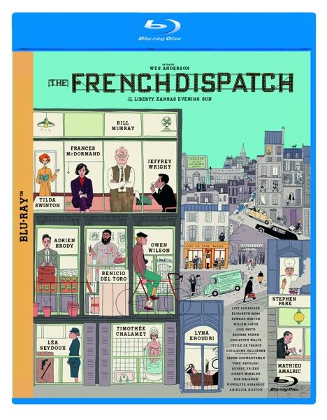 The French Dispatch Blu-ray cover. Geïllustreerde gebouwen, personages en een blauwe rand. Filmtitel bovenaan.