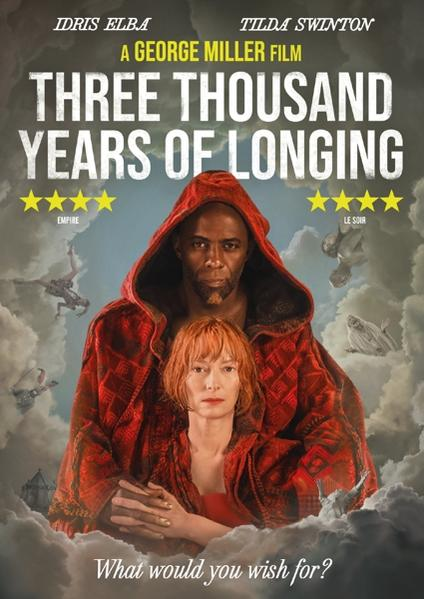 Filmposter: Idris Elba en Tilda Swinton, titel: 'Three Thousand Years of Longing'. Bewolkte achtergrond.