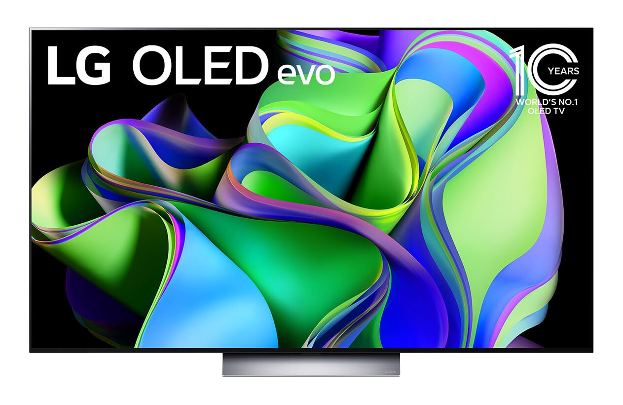 TV-Bildschirm zeigt ein farbenfrohes abstraktes Bild und einen silbernen Ständer, mit den Worten 'LG OLED evo'.