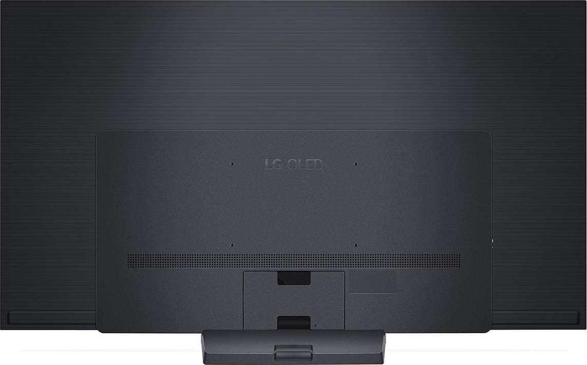 Rückseite eines schwarzen LG OLED Fernsehers mit Standfuß und LG OLED Logo. Weißer Hintergrund.