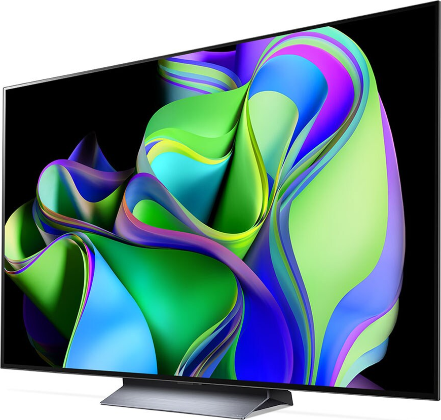 Ein moderner TV-Bildschirm mit farbenfroher abstrakter Kunst auf schwarzem Hintergrund.