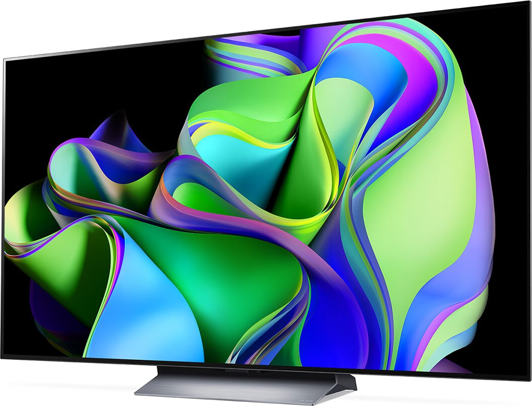 Ein geneigter Fernseher mit einem farbenfrohen abstrakten Bild auf dem Bildschirm und einem silbernen Ständer.