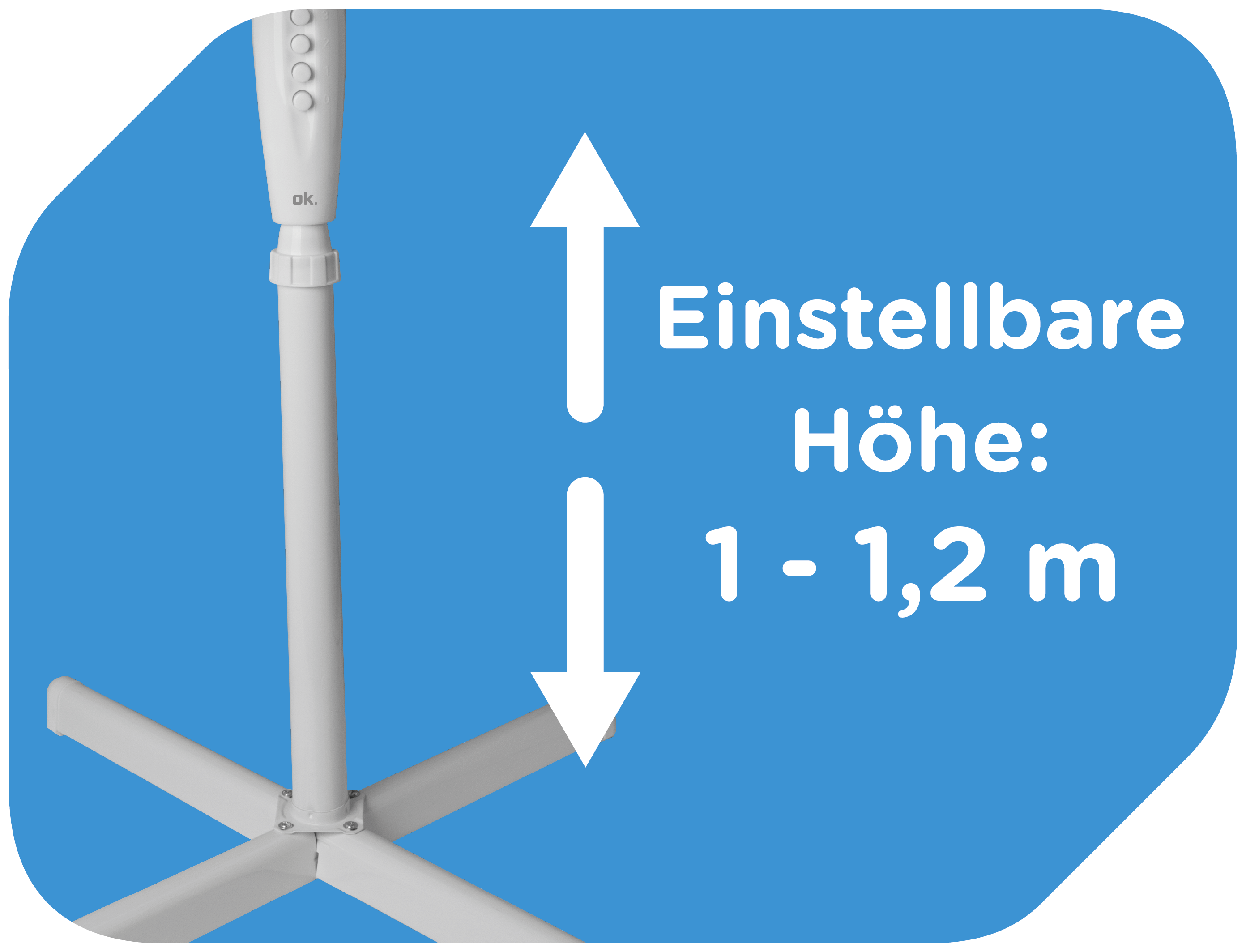 Weißer Ventilator mit höhenverstellbarer Funktion, mit Text und Pfeilen, die den Höhenbereich angeben.