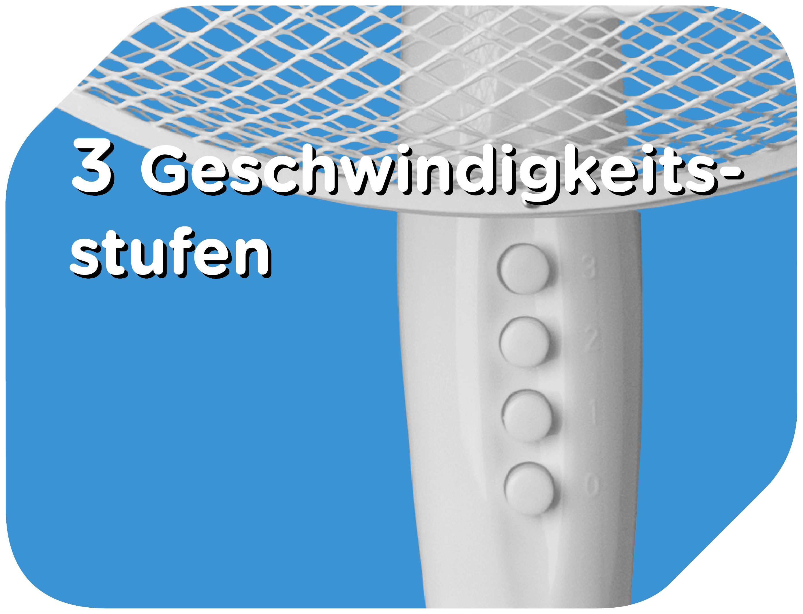 Weißer Ventilator mit Knöpfen und Text (3 Geschwindigkeitsstufen) auf blauem Grund.