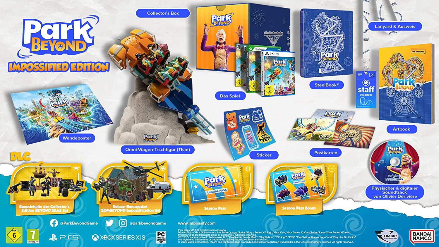 Una exhibición del contenido del juego Park Beyond incluyendo un robot, discos de juego, libro de arte y más.