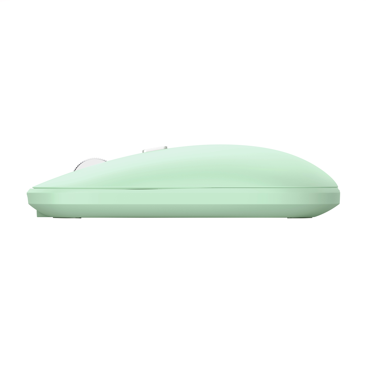 Un mouse verde menta su sfondo bianco. Ha una rotella e dei pulsanti.