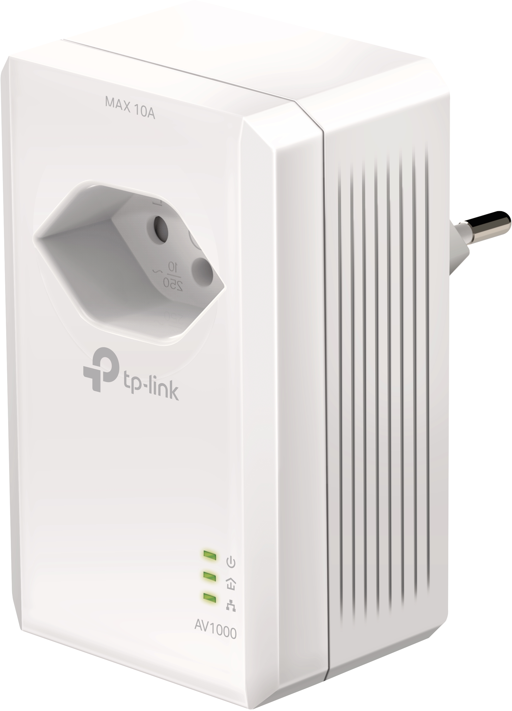 Weißer Netzadapter mit Steckdose und Stecker, mit dem TP-Link-Logo.