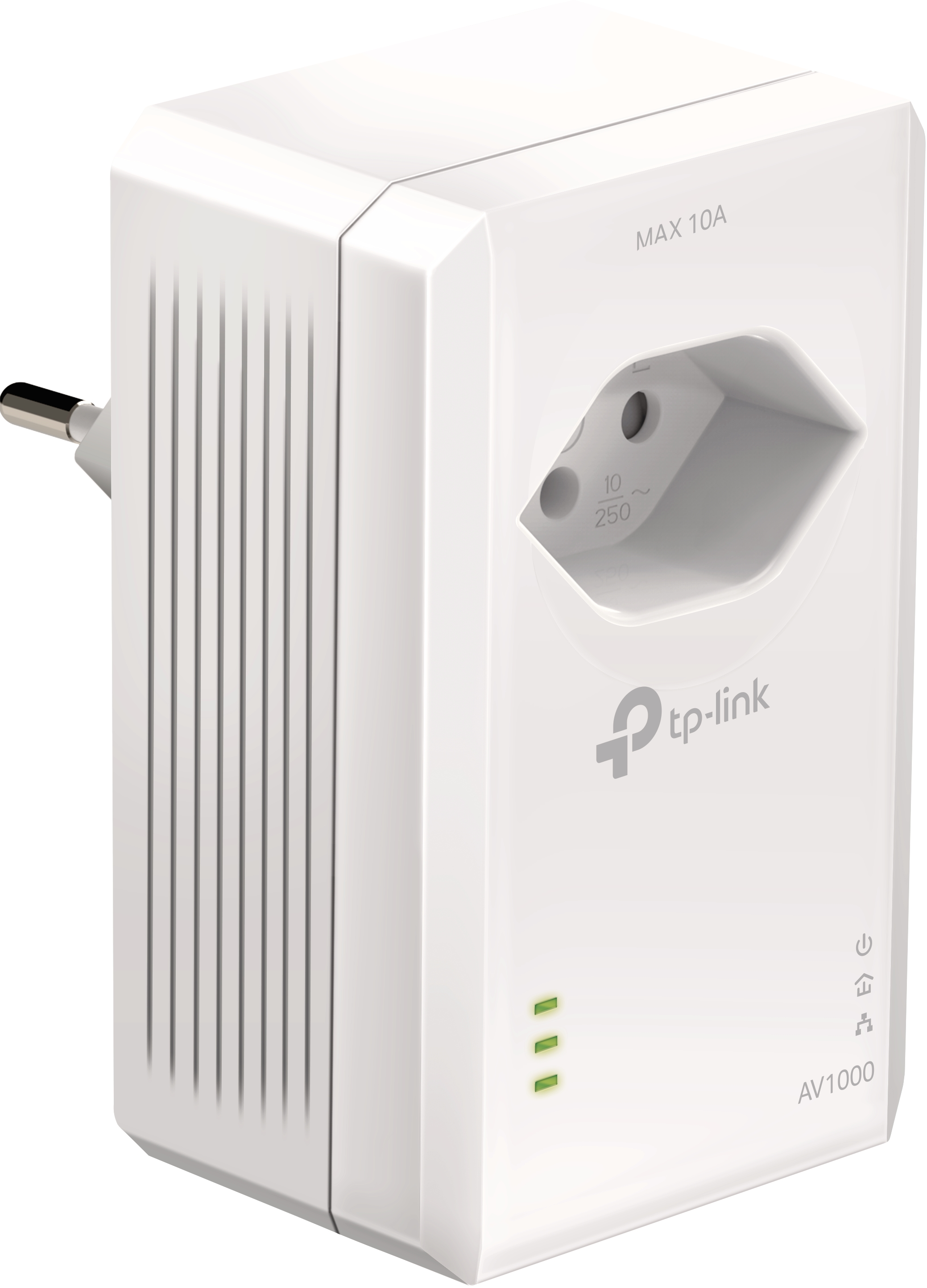 Ein weißer TP-Link-Netzadapter mit Eurostecker und Steckdose. Er zeigt 10A und 250V.