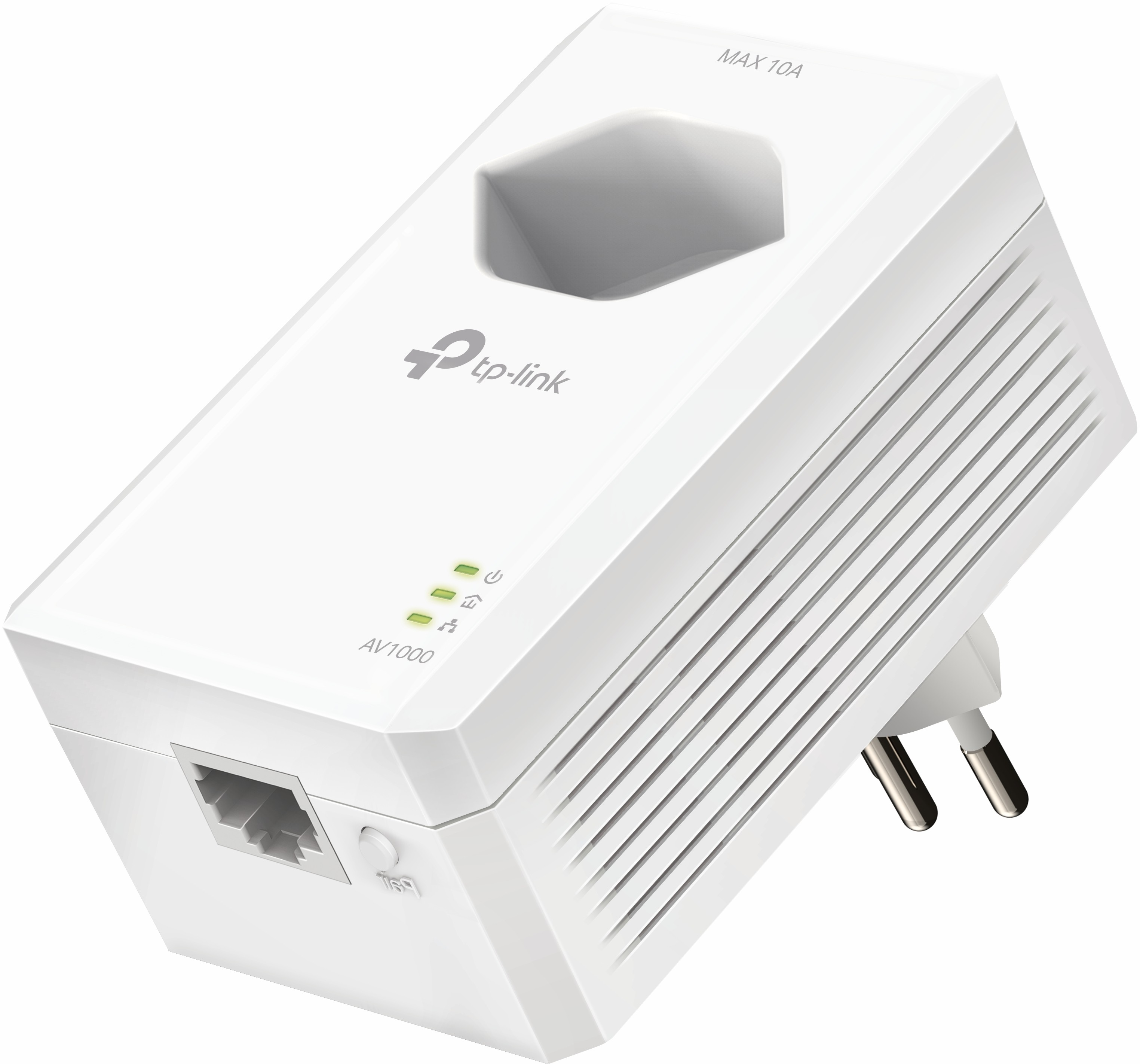 Weißer tp-link AV1000 Powerline-Adapter mit drei Statusleuchten, Ethernet-Port und Stecker.