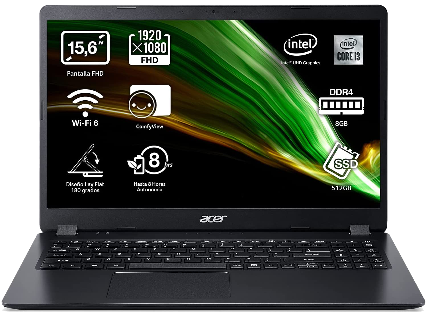 Portátil - Acer Aspire 3 A315-56-34X1, 15.6" Full-HD, Intel® Core™ i3-1005G1, 8 GB RAM, 512 GB SSD, UMA, Sin sistema operativo