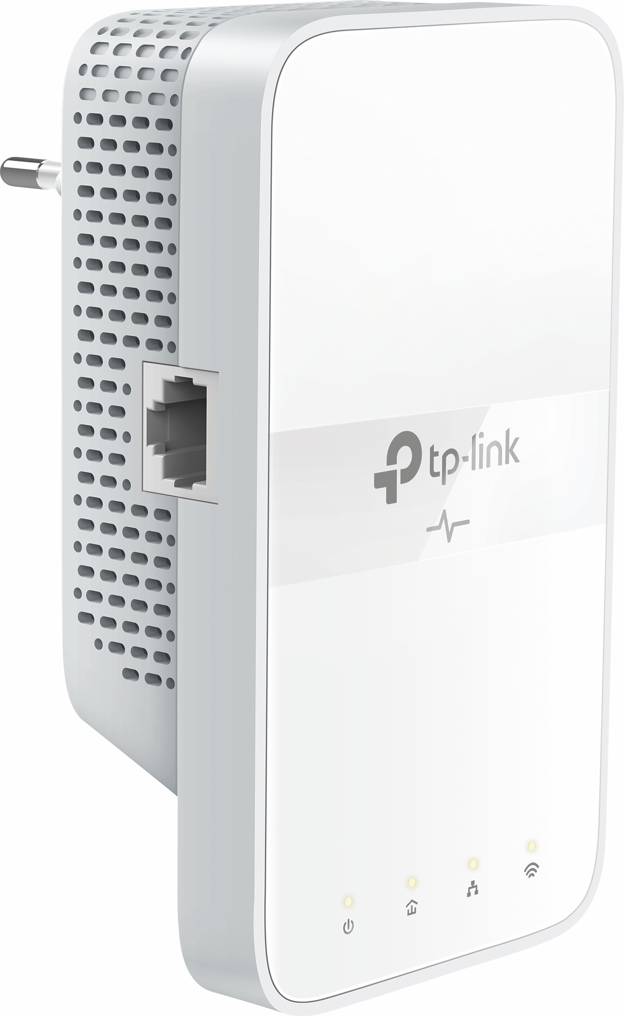 Répéteur Wi-Fi TP-Link blanc avec prise, port Ethernet et témoins lumineux.