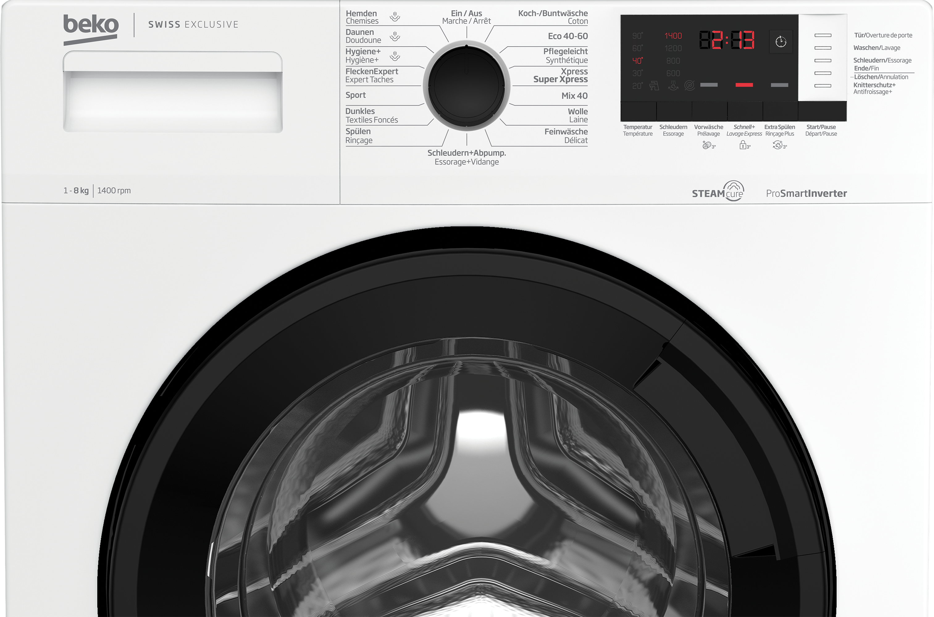 Weiße Beko Waschmaschine. Die Frontplatte zeigt eine Digitalanzeige mit der Uhrzeit und Bedienknöpfen.