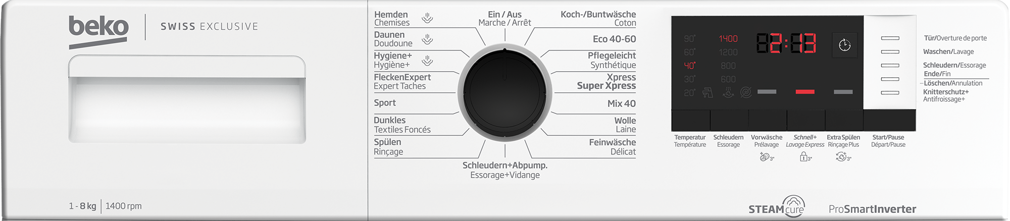 Waschmaschinen-Bedienfeld mit Drehknopf und Digitalanzeige. Weißes Gerät mit schwarzen Bedienelementen.