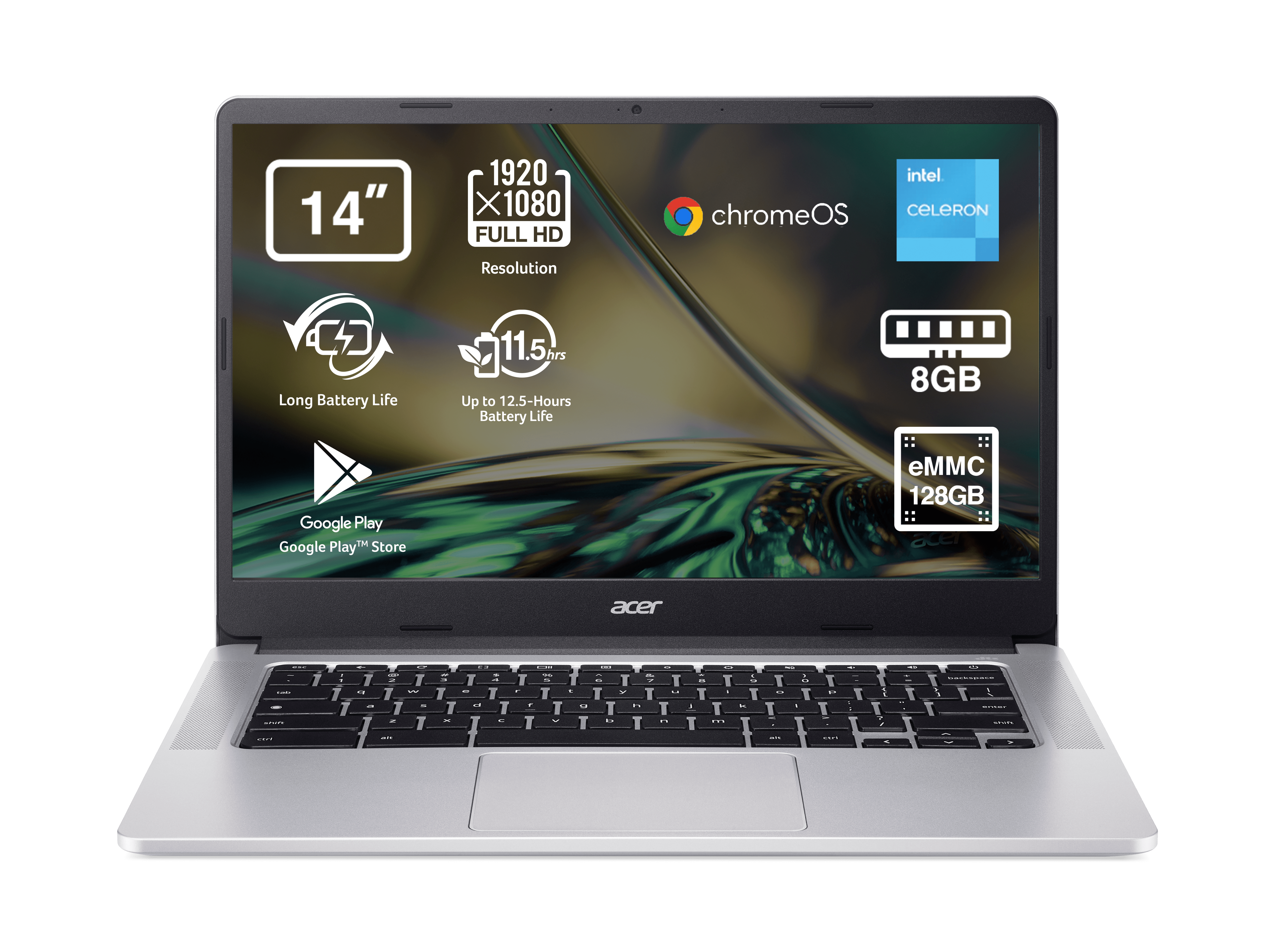 Portátil - Acer Chromebook CB314-3H-C52B, 14" Full HD, Intel® Celeron® N4500, 8GB RAM, 128GB eMMC, UHD Graphics, Google Chrome OS