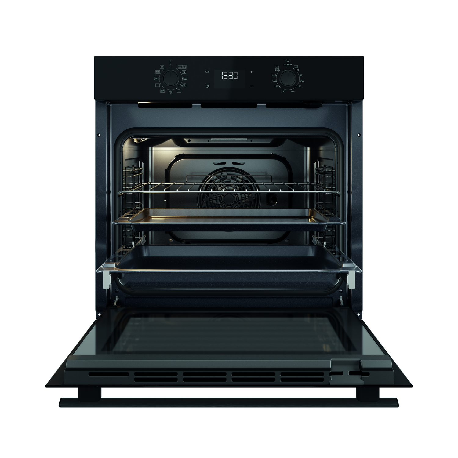 A black oven with the door open. Inside are racks and a baking pan. The time is 12:30.
