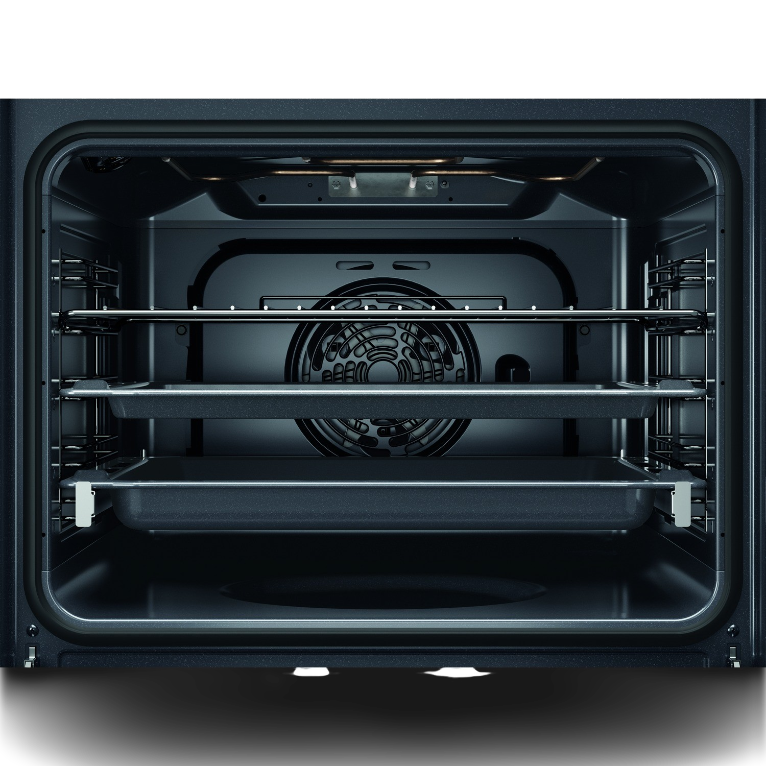 Oven interior with racks and a fan in the back. It is dark.