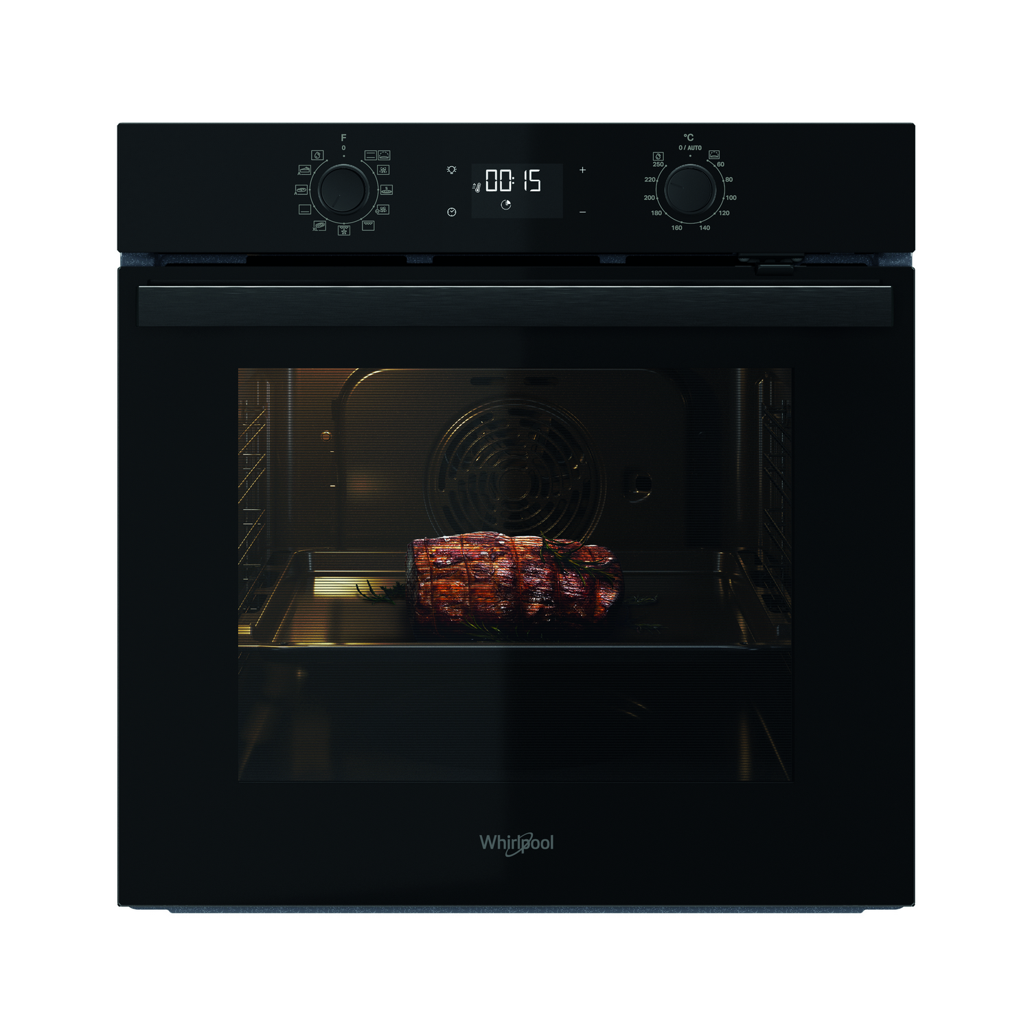 Black oven with a cooked roast inside, timer display, and Whirlpool logo.