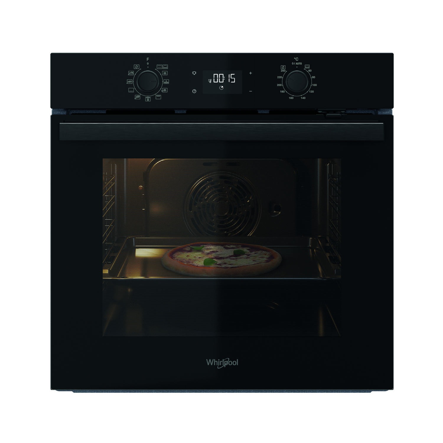 A black Whirlpool oven with a pizza inside. The oven door is open.