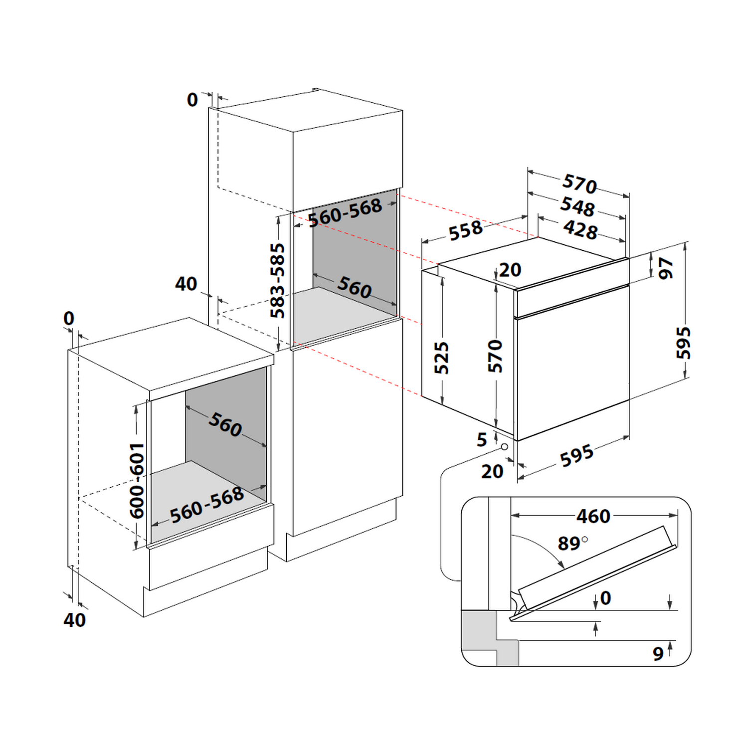 Technical drawing of a kitchen appliance, showing dimensions and installation details.