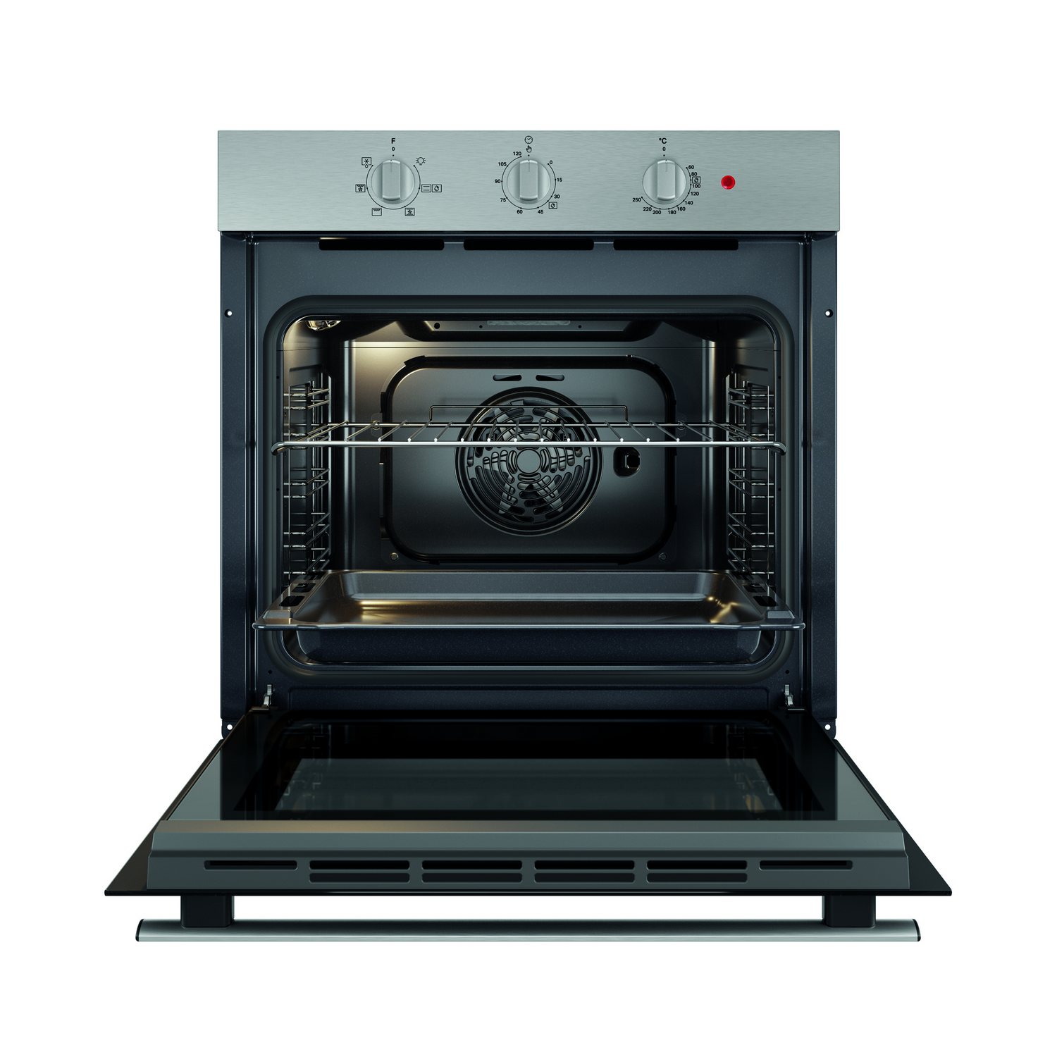 Open oven with interior light and racks. Stainless steel exterior, open door shows interior.