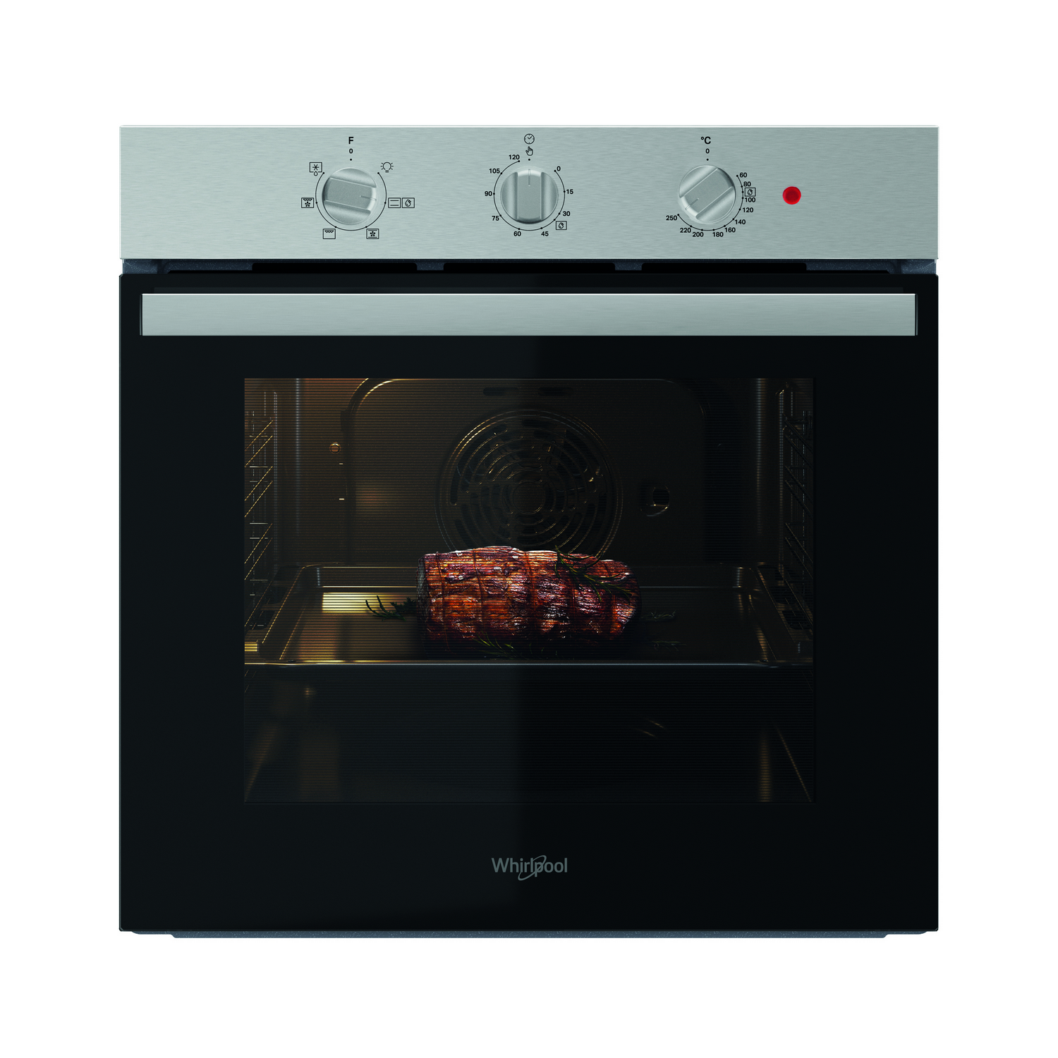 An oven with a roast inside. The oven is black with a silver top and controls.